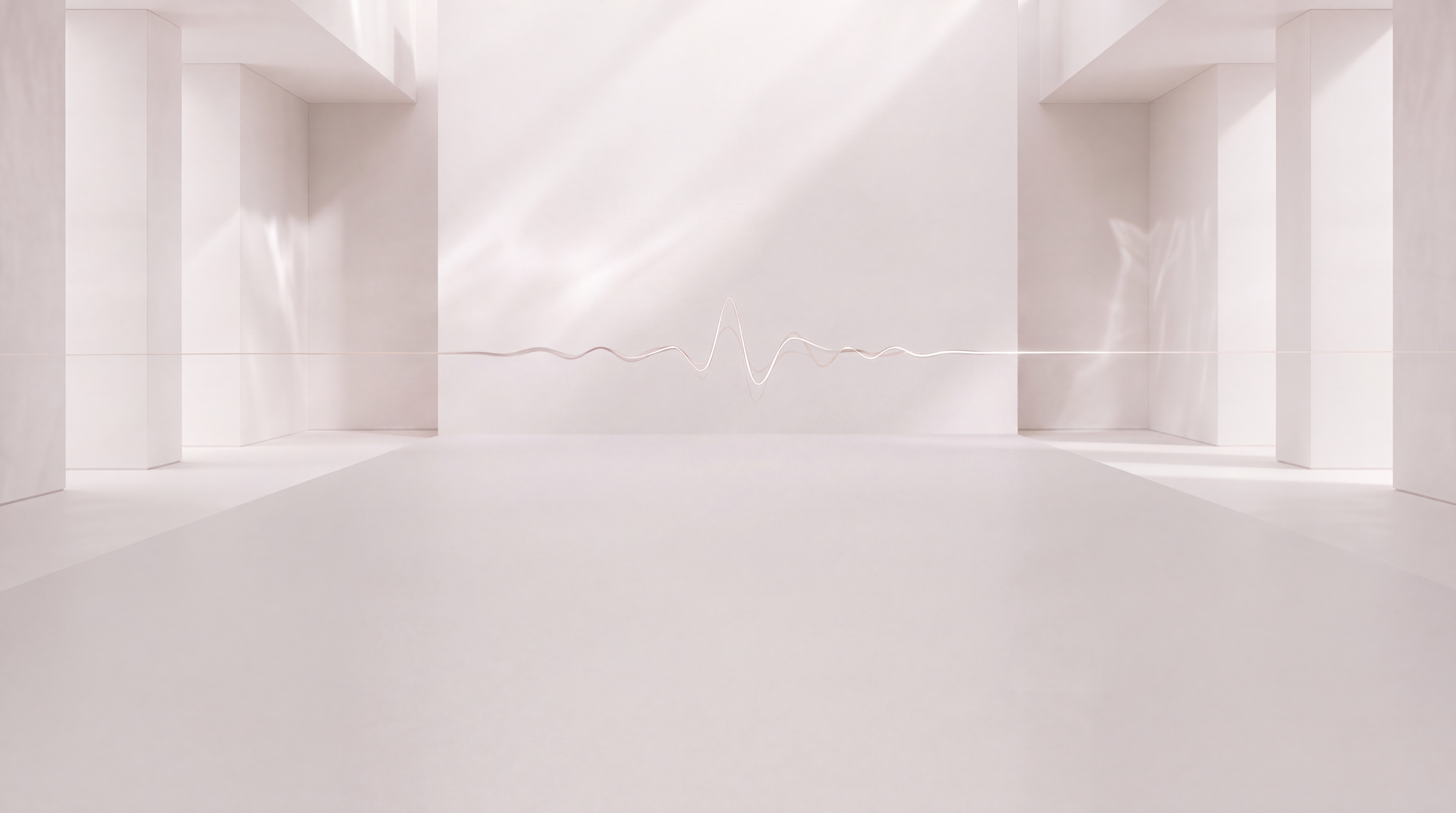 A white architectural chamber lit from above, with a thin copper waveform crossing its centre.